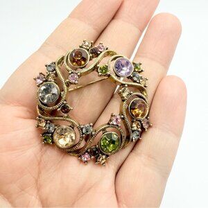 Vintage Monet Signed Multi Colors Rhinestone Circle Pin Wreath Brooch Pin